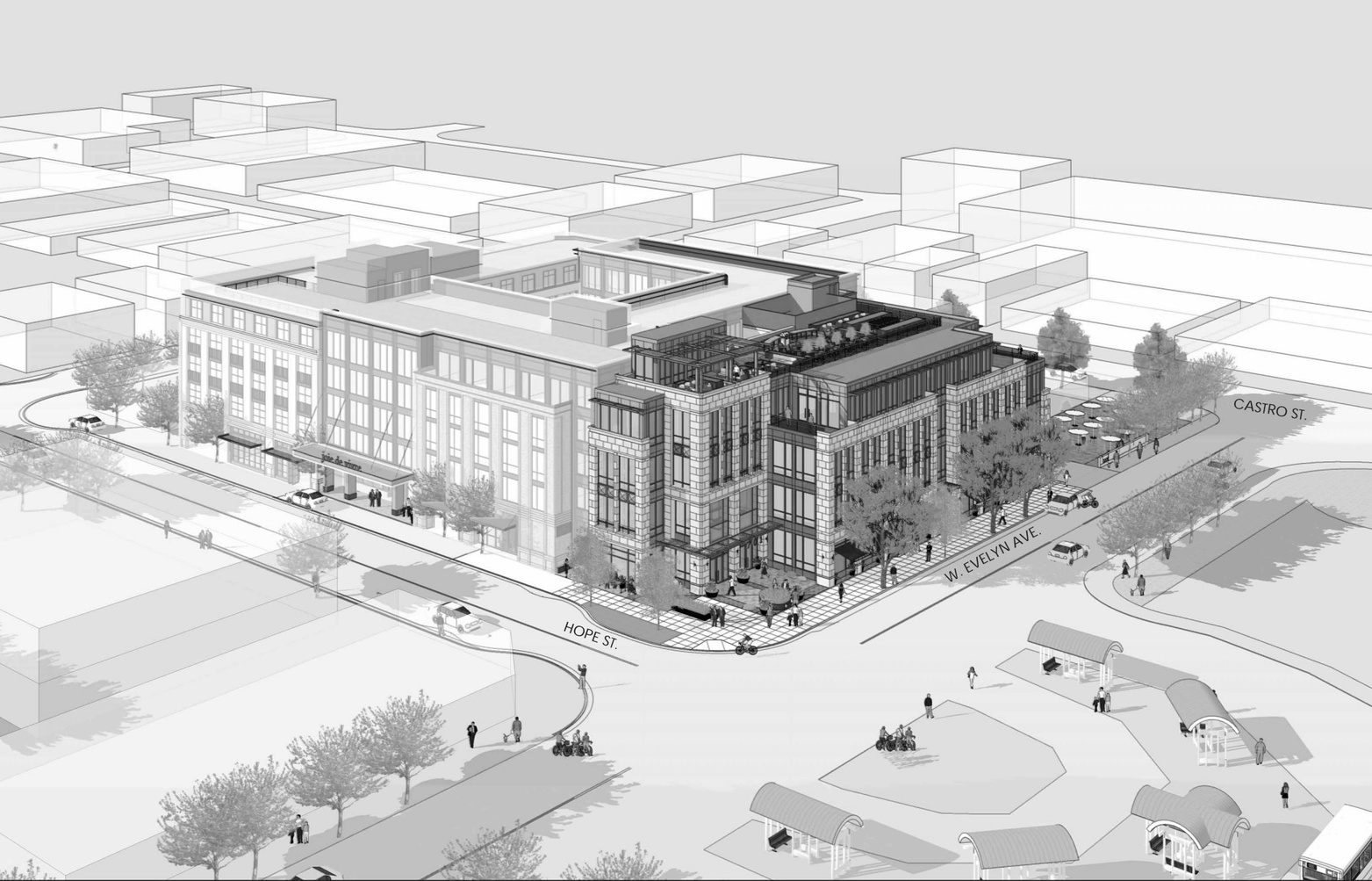 Aerial rendering of the Castro Station development concept
